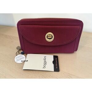 Baggalini Zip Around Wallet RFID Turn Lock Burgundy Nylon Gold Tone Hardware